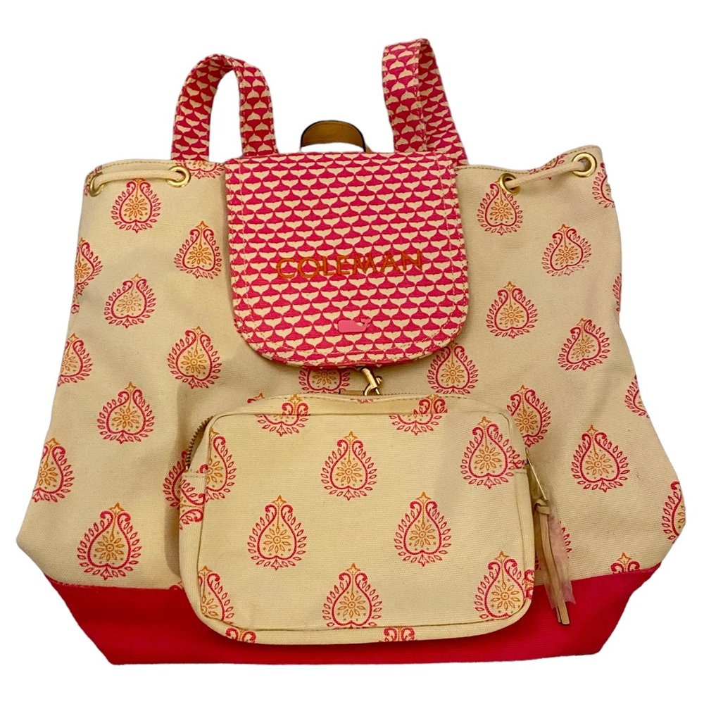 Vineyard Vines Canvas and Leather Backpack Bag Pink & Cream Paisley